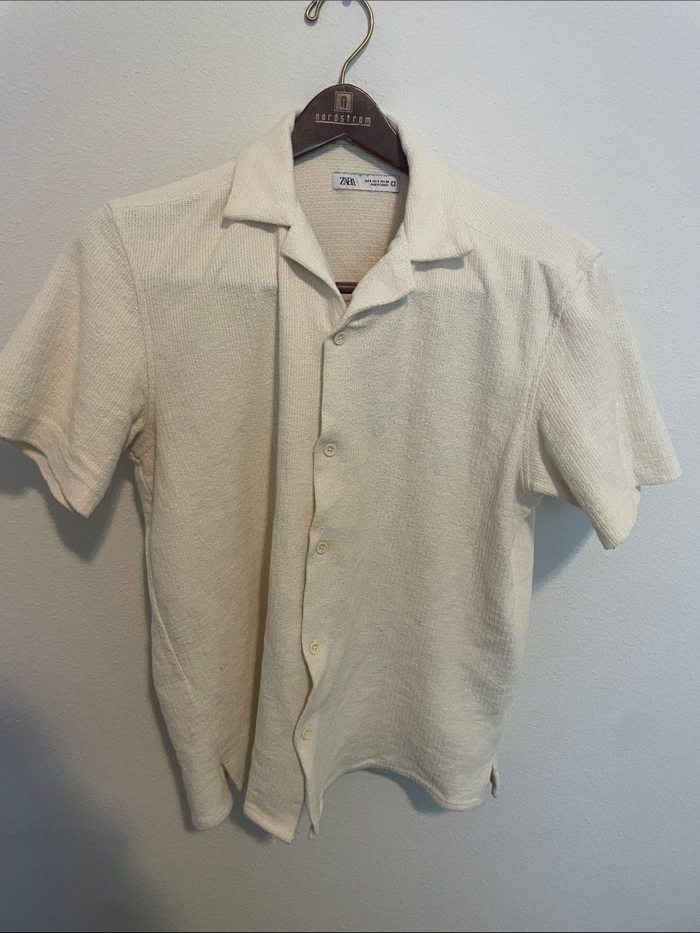 Zara Cream Short Sleeve Camp Collar Button-Up Shirt